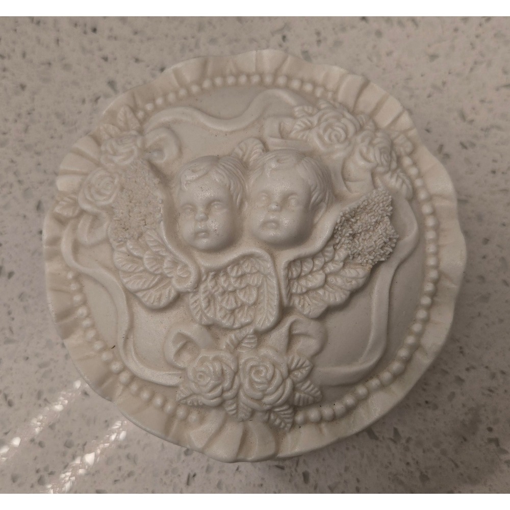 Vintage Bisque Cherub‎ Trinket Box White Porcelain Angel Jewelry Dish Roses